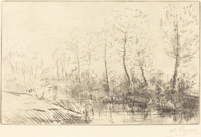 Huş Ağaçları: Sabah Işığında Görülen Su Kenarı by Alphonse Legros
