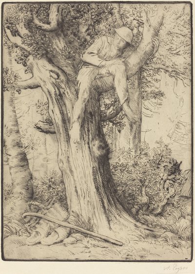 Ağaçta Bir Çocukla Manzara by Alphonse Legros