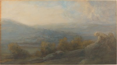 Sağda İki Figürlü Dağ Manzarası by Alphonse Legros