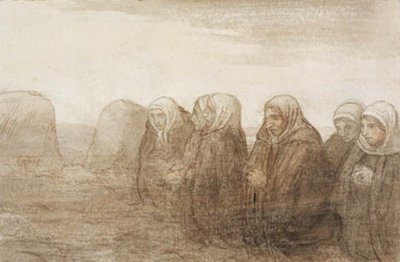 Bir sonbahar tarlasında dua eden altı köylü karısı by Alphonse Legros