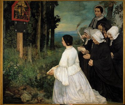 Eski oy kullanan Kadınlar (geleneksel kostümlü Bretonlar?) bir oy hakkının önünde toplanıyor. Alphonse Legros