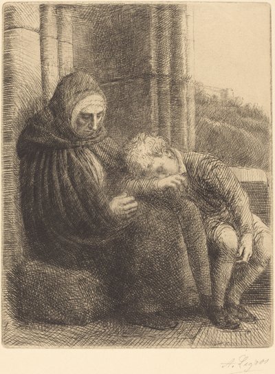 Duvara Karşı Oturan Kadın, Başı Kucağında Çocuk by Alphonse Legros