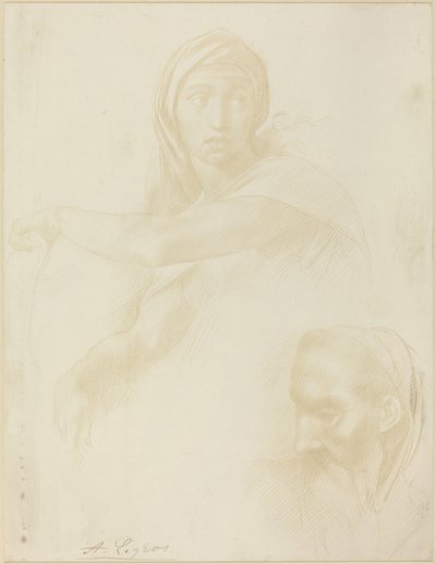 Delphic Sibyl Çalışması; Bir Adamın Başı by Alphonse Legros after Michelangelo