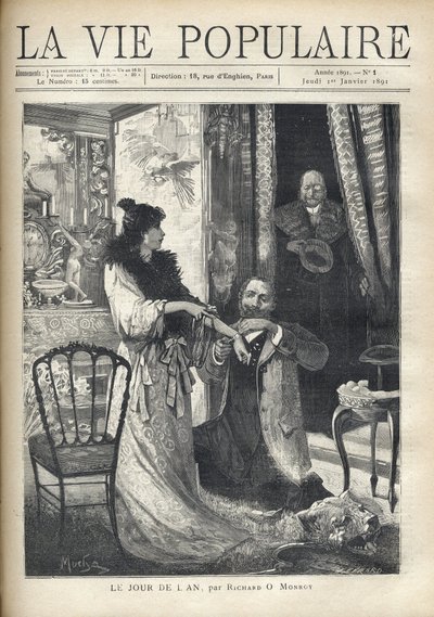 Yaşlı bir adam, cesur bir sahneyi şaşırtıyor: zarif bir kadının önünde diz çökmüş bir adam bileğine bir bilezik takıyor. Alfons Maria Mucha