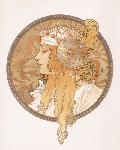 sarışın bir kızın Bizans başı; Sarışın bir kadının Bizans başı, 1897 dolayları by Alphonse Mucha