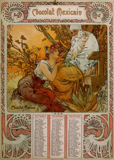 Mucha (1860 – 1939) tarafından resmedilen Çikolata Masson takvimi. Çek Art Nouveau ressamı by Alphonse Mucha
