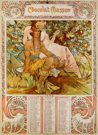 Mucha (1860 – 1939) tarafından resmedilen Çikolata Masson takvimi. Çek Art Nouveau ressamı by Alphonse Mucha
