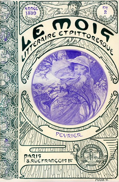 Derginin kapağı (aylık dergi) Alphonse Mucha (1860-1939) tarafından yazılan Le Month litteraire et pitoresk: Şubat 1899 - Maison de la Bonne Presse - by Alphonse Mucha