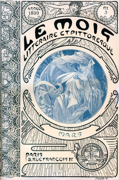 Derginin kapağı (aylık dergi) Alphonse Mucha (1860-1939) tarafından yazılan Edebi ve Pitoresk Ay: Mart 1899 - Maison de la Bonne Presse - by Alphonse Mucha