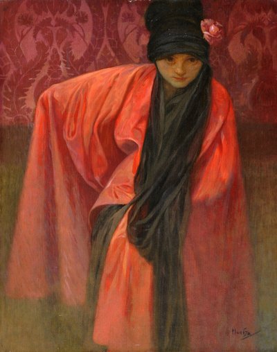 Kırmızılı Kız par Mucha, Alfons Marie (1860-1939), c. 1914 - Tuval üzerine tempera, 60,5x47 - Özel Koleksiyon by Alphonse Mucha