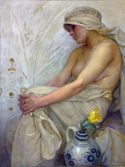 Oturan kız, Mucha, Alfons Marie (1860-1939), c. 1914 - Tuval üzerine tempera, 80x60 - Özel Koleksiyon by Alphonse Mucha