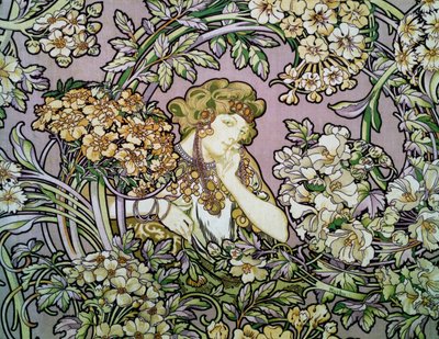 Çiçekler arasında kadın, c.1900 (ipek kadife üzerine litografi) by Alphonse Marie Mucha