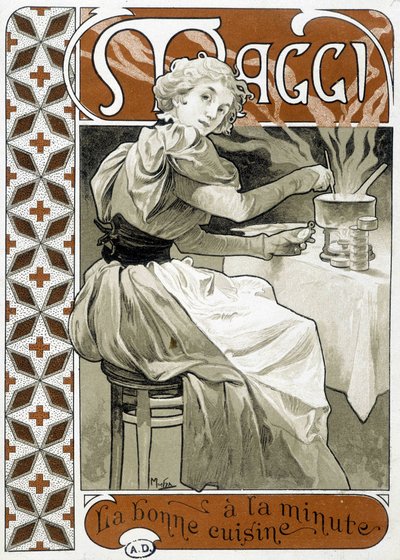 Gaz sobasında yemek pişiren genç kadın - 1890 dolaylarında Mucha tarafından hazırlanan Maggi "" her dakika iyi yemek "" reklamı. by Alphonse Mucha