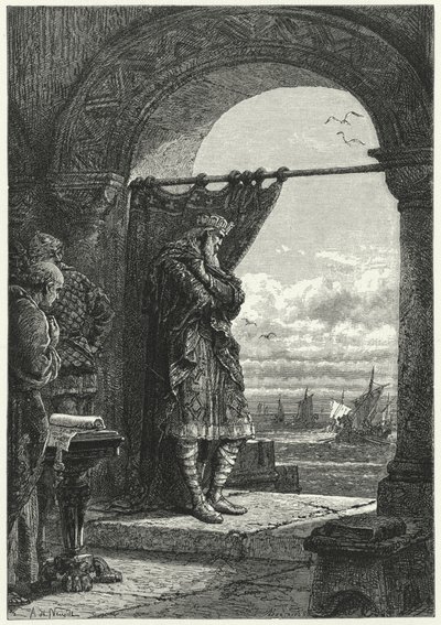 Charlemagne, Norman akıncılarını taşıyan gemilerin yaklaşmasını endişeyle izliyor (gravür) by Alphonse Marie de (after) Neuville