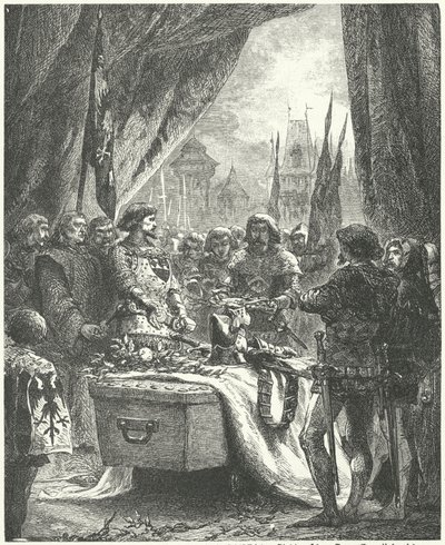 Chateauneuf de Randon komutanı, şehrin anahtarlarını Bertrand du Guesclin'in tabutuna koyuyor by Alphonse Marie de (after) Neuville