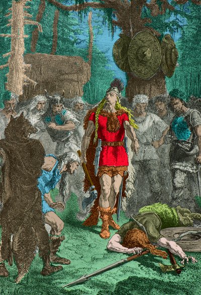 Clovis, Soissons vazo saldırısından sonra öldürdüğü savaşçının önünde (Gravür) by Alphonse Marie de Neuville