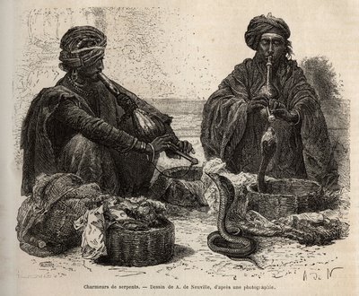 Toumril (flüt) üfleyerek kendilerine çeken sürüngenlerin ticaretini yapan Les charmeurs de serpents, Louis Rousselet tarafından 1864-1868