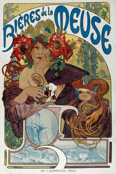 Alphonse Mucha (1860-1939) tarafından resimlenen “Les bieres de la Meuse” için reklam afişi 1898 Paris, Dekoratif Sanatlar by Alphonse Mucha