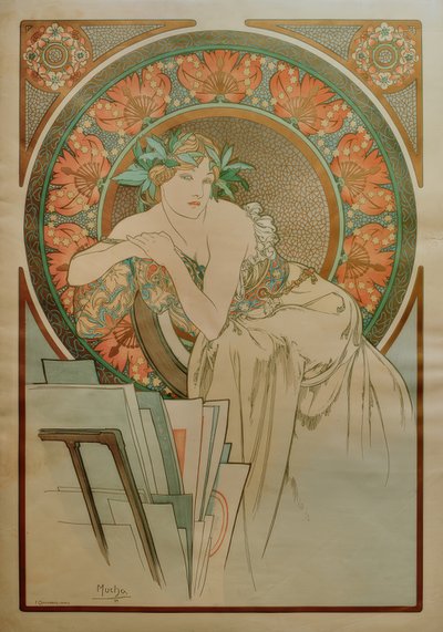 Haşhaş ve grafik portföyü olan kadın by Alphonse Mucha