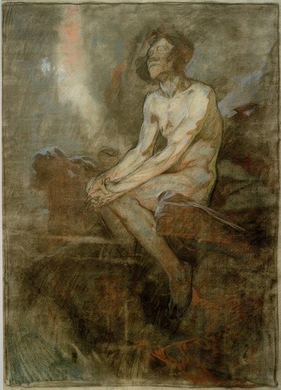 Bir kayanın üzerinde oturan çıplak erkek by Alphonse Mucha