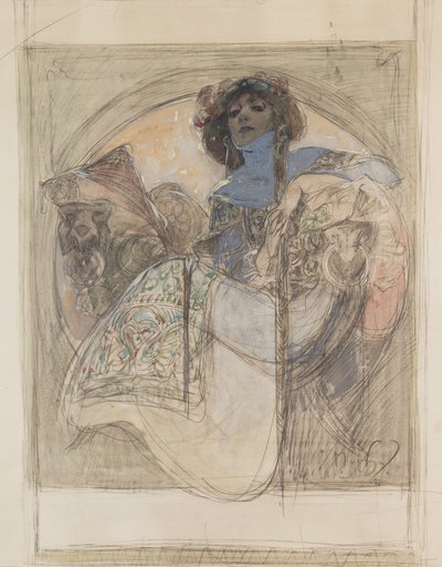 Oturan Kadın - bir poster için çalışma, 1897 by Alphonse Mucha