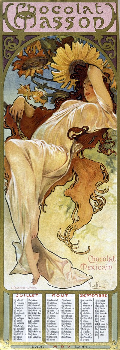 Sonbahar havasında kadın - Mucha, takvim “” Chocolat Mexicain Chocolat Masson”, Temmuz, Ağustos, Eylül 1897. by Alphonse Mucha