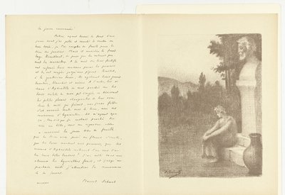 Bir erkeğin büstünün yanında oturan kadın ve Marcel Schwob'un şiiri La jarre couronnée ile su sürahisi ile illüstrasyon by Alphonse Osbert