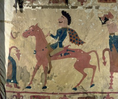 Pazyryk Mezar Höyüklerinden atlı bir savaşçıyı betimleyen halı, MÖ 5.-4. yy (tekstil) by Altaic School
