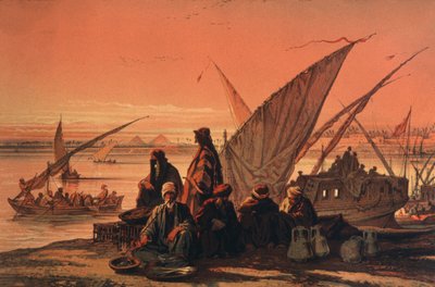 Piramitlerin yakınında Nil Nehri üzerinde tekneler by Amadeo Preziosi