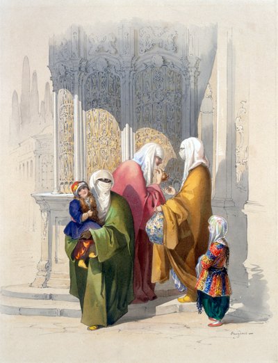 Zavallı bir siyah Afrikalı kadın ve çocuk, pub da dahil olmak üzere yoldan geçenlerle sokak sahnesi. 1865. by Amadeo Preziosi