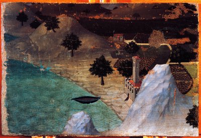 Göl kenarındaki kale, Ambrogio Lorenzetti (1319-1347), ahşap üzerine resim, 22x33 cm. by Ambrogio Lorenzetti