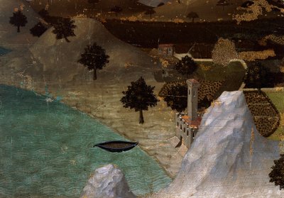 Göl kıyısında kale, Ambrogio Lorenzetti (1290-ca 1348), Ahşap üzerine Tempera, 22,5x33 cm by Ambrogio Lorenzetti