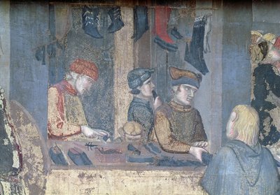 İyi Yönetimin Şehirdeki Etkileri, kunduracı dükkanındaki bir tüccar ve zanaatkarın detayı by Ambrogio Lorenzetti
