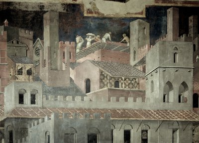 İyi Yönetimin Şehirdeki Etkileri, mimarinin detayı ve bir evin inşaatı by Ambrogio Lorenzetti