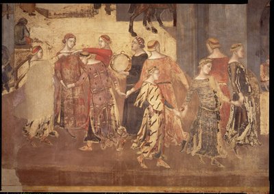 İyi Yönetimin Şehirdeki Etkileri, dansçılar ve tef çalanların detayı, 1338-40 by Ambrogio Lorenzetti