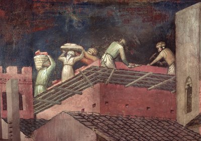 İyi Hükümetin Şehirdeki Etkileri, bir ev inşa eden işçilerin detayı by Ambrogio Lorenzetti