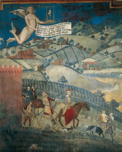 Ülkede iyi yönetimin etkileri, Alegoriden detay ve iyi ve kötü yönetimin kasaba ve ülkede etkileri by Ambrogio Lorenzetti