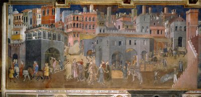 "İyi ve Kötü Hükümetin Kasaba ve Ülkedeki Etkileri". Şehrin detayları. Ambrogio Lorenzetti tarafından yapılan fresk (1290-1348) by Ambrogio Lorenzetti
