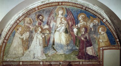 Maesta - Azizler ve Başmelek Mikail (Fresco) ile çevrili Bakire ve Çocuk by Ambrogio Lorenzetti