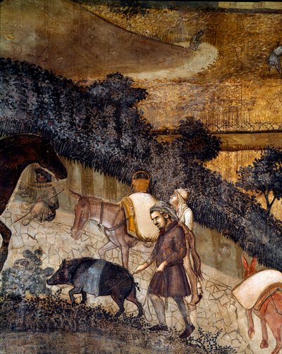Tarlaları süren köylüler. İyi ve kötü yönetimin şehir ve kırsal alan üzerindeki etkilerinin detayı. (Fresk by Ambrogio Lorenzetti