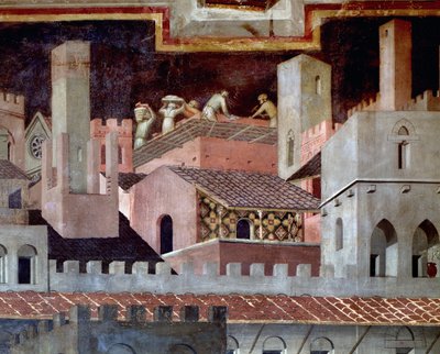İyi ve kötü yönetimin şehir ve ülke üzerindeki etkileri. Şehirdeki iyi yönetimin etkilerinin detayı - 1338-1340, Fresk by Ambrogio Lorenzetti