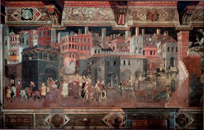 “İyi ve kötü hükümetin şehir ve ülke üzerindeki etkileri.” Şehrin detayı. Ambrogio Lorenzetti tarafından yapılan fresk (1290-1348) by Ambrogio Lorenzetti