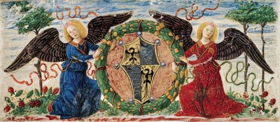 Sforza armasını tasvir eden kalkan tutan melekler, Burgundy küçültülmüş parşömen by Ambrogio da Fossano (c.1460 1523)