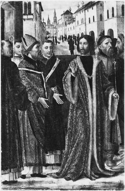 St. Ambrose refuses Roman Emperor Theodosius I the Great admission to the Church in Milan (fresco) (b/w photo) by Ambrogio da Fossano (c.1460 1523)