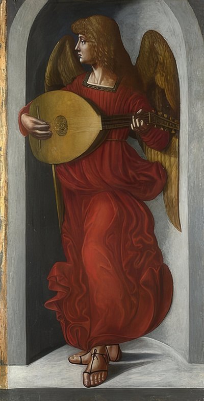 Bir ud ile kırmızı bir melek (San Francesco, Milano sunağının kanadı). 1495-99 civarında by Ambrogio de Predis