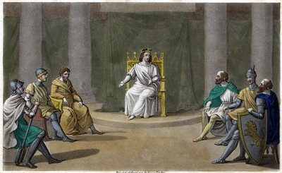 Caribert veya Chérebert, Paris kralı (561 - 567), adaleti verdiği yerde avukat tutuyor. 1825 yılında Ambroise Tardieu tarafından tasarlanmış ve kazınmıştır. by Ambroise Tardieu