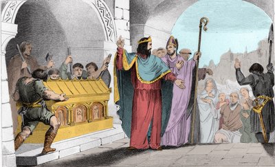 Clovis II (635-657) Yoksulları Beslemek için Tapınaktan Gümüş ve Altın Satıyor - Clovis II dit “le Faineant” yoksulları beslemek için Saint-Denis kilisesinden altın ve gümüş bıçaklar yaptı - 1825 yılında Gravür Syn ile temsil edilen Histoire de France by Ambroise Tardieu