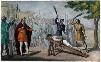 Lord Bodillon, Childeric II'nin (653-73) Vergi Artışı Hakkında Şikayette Bulunduktan Sonra Kırbaçlandı - Childeric II, Badillon veya Bodillon adında bir Burgundyalı lordu, kendisine aşırı vergi artışı tehlikesini sunmaya cesaret ettiği için bir direğe  by Ambroise Tardieu