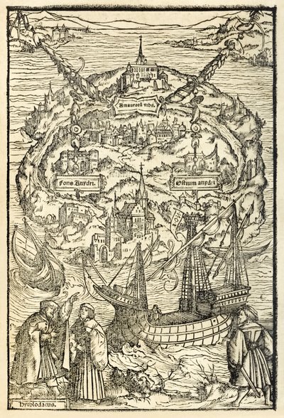 İlk olarak 1516'da yayınlanan, Sir Thomas More'un (1478-1535) 1518 tarihli Utopia baskısından Yeni Ütopya Adası'nın Haritası by Ambrosius Holbein