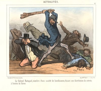 Hayırsever bir derneğin üyesi olan Albay Ratapoil, kış başlangıcında çatal bıçak takımı dağıtıyor. by Amédée de Noé